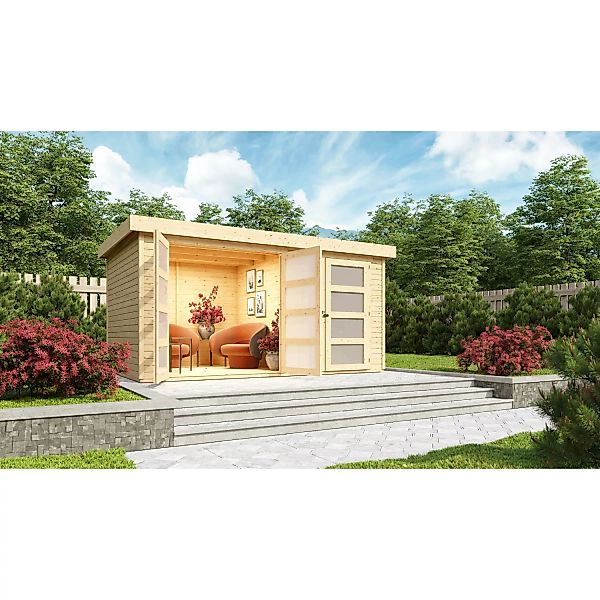 Karibu Holz-Gartenhaus Mühlenbach Natur Flachdach Unbehandelt 400 cm x 242 günstig online kaufen