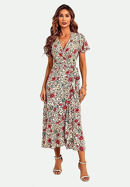 FS Collection Wickelkleid Damen Wickel Midikleid Sommerkleid V-Ausschnitt E günstig online kaufen