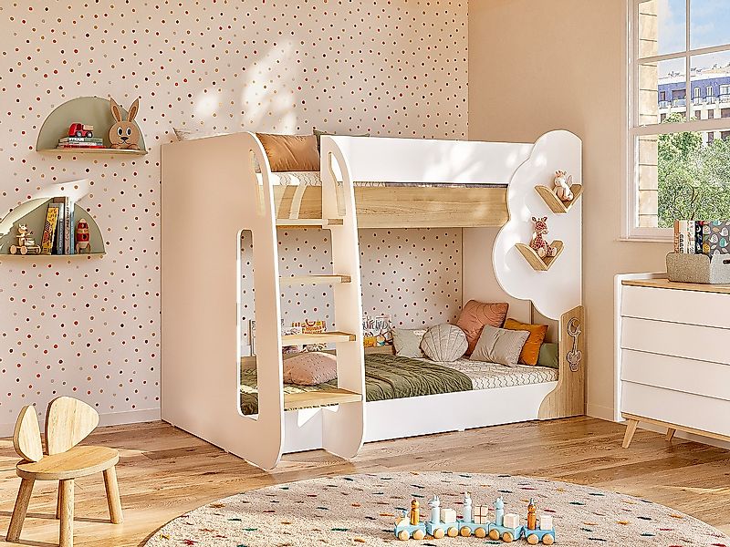 Etagenbett - 2 x 90 x 190 cm - Weiß & Holzfarben + Matratze - PILATI günstig online kaufen