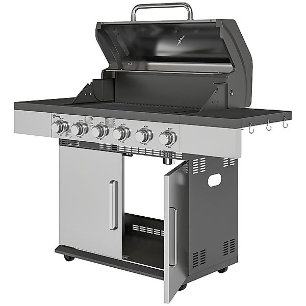 Outsunny Gasgrill 8500BTU Grillwagen inkl 6 Edelstahl-Brenner Rolle Thermom günstig online kaufen