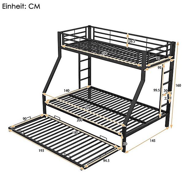 Fanttik Hochbett Metallbett mit ausziehbarem Bett,90(140)x200cm, (Metallbet günstig online kaufen