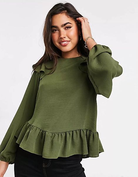 ASOS DESIGN – Langärmlige Bluse mit Rüschen in Olivgrün-Keine Farbe günstig online kaufen