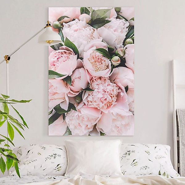 Leinwandbild Blumen - Hochformat Rosa Pfingstrosen mit Blättern günstig online kaufen