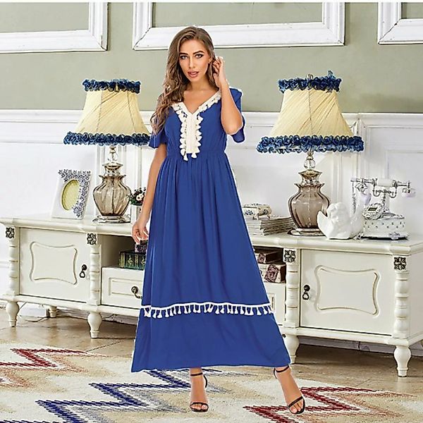 RUZU UG Dirndl Damen-Kleid mit V-Ausschnitt und kurzen Ärmeln, lockerer lan günstig online kaufen