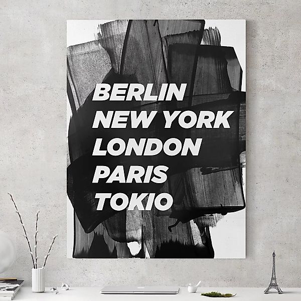 Leinwandbild Schwarz-Weiß - Hochformat Berlin New York London günstig online kaufen