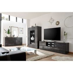 Hochglanz Wohnwand in Anthrazit floralem Siebdruck verziert (dreiteilig) günstig online kaufen