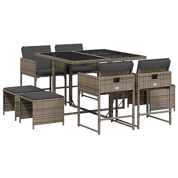 vidaXL 9-Tlg Garten-Essgruppe mit Kissen Grau Poly Rattan 3211316 günstig online kaufen