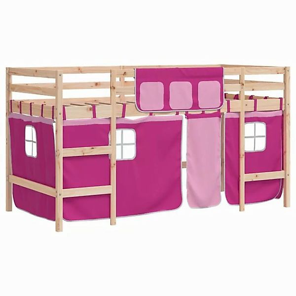 vidaXL Kinderbett Kinderhochbett mit Vorhängen Rosa 90x190 cm Massivholz Ki günstig online kaufen