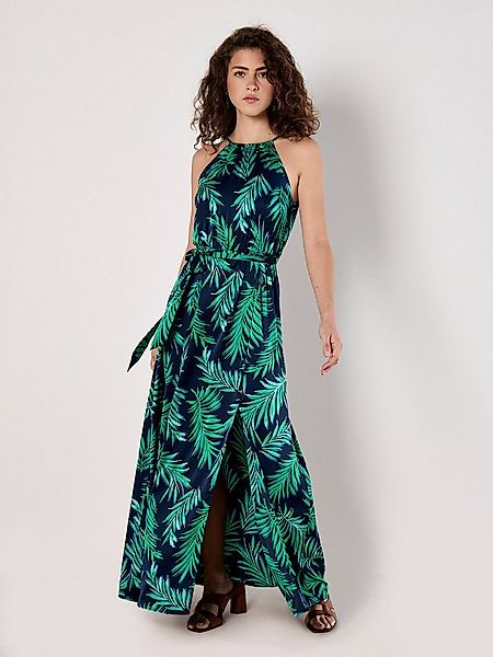 Apricot Maxikleid Blätterdruck Kleid mit Bindegürtel günstig online kaufen