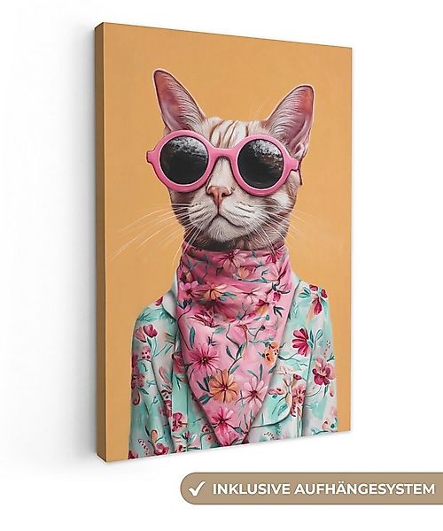 OneMillionCanvasses® Leinwandbild Sonnenbrille - Katze - Halstuch - Blumen, günstig online kaufen