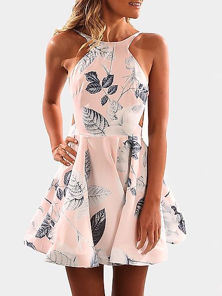 Rosa zufälliger Blumendruck rückenfrei Kleid günstig online kaufen