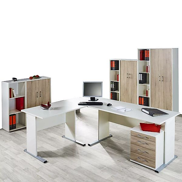 Büromöbel Set STETTIN-16 weiß, Sonoma Eiche, Eckschreibtisch mit Container, günstig online kaufen