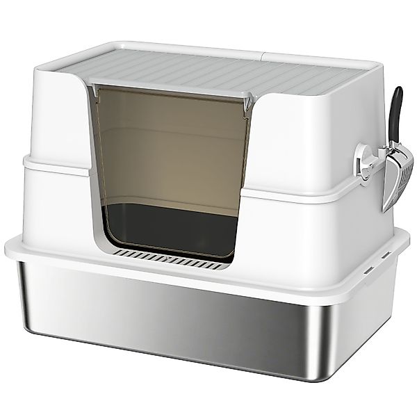 PawHut Katzenklo Edelstahl mit Deckel XL Katzentoilette mit Schaufel, Pedal günstig online kaufen