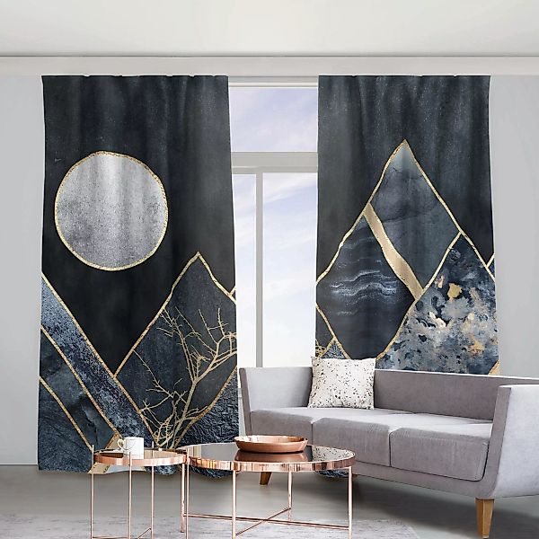 Vorhang Goldener Mond abstrakte schwarze Berge günstig online kaufen