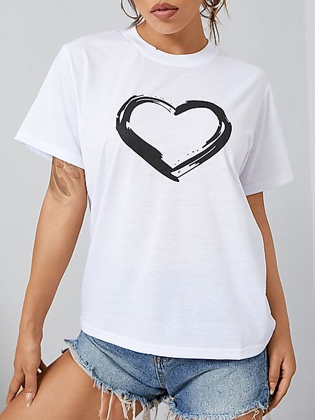 Lässiges T-Shirt mit Rundhalsausschnitt und kurzen Ärmeln mit Herzdruck günstig online kaufen