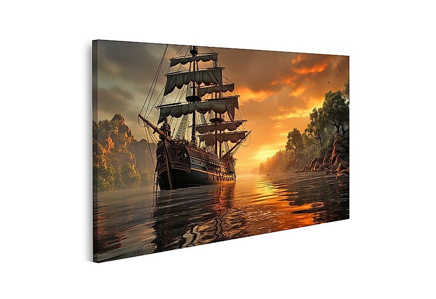 islandburner Leinwandbild, Segelschiff bei Sonnenuntergang in der Bucht günstig online kaufen