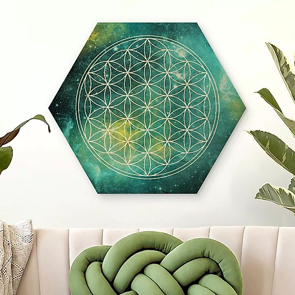 Hexagon-Holzbild Muster & Textur Blume des Lebens im Licht der Sterne günstig online kaufen