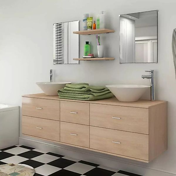 7-tlg. Badmöbel Und Waschbecken Set Beige günstig online kaufen
