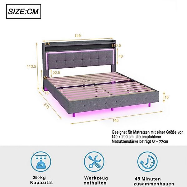 HAUSS SPOLE Polsterbett 140 x 200cm mit USB-Steckdose und LED-Licht, Leinen günstig online kaufen