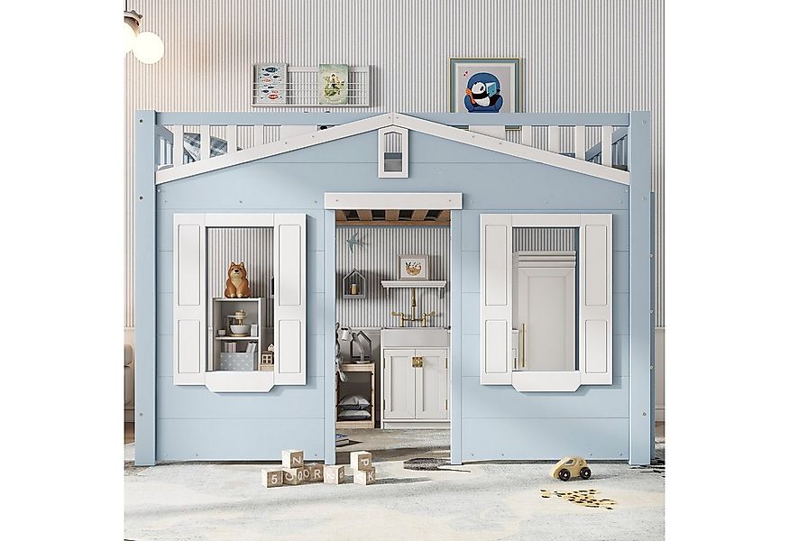 Flieks Hochbett Kinderbett Hausbett 90x200cm mit schöner Fenstergestaltung günstig online kaufen