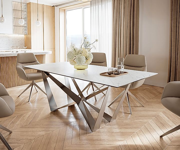 Esstisch Edge 200x100cm Keramik Laminam®Statuarietto Weiß Spider Flachstahl günstig online kaufen