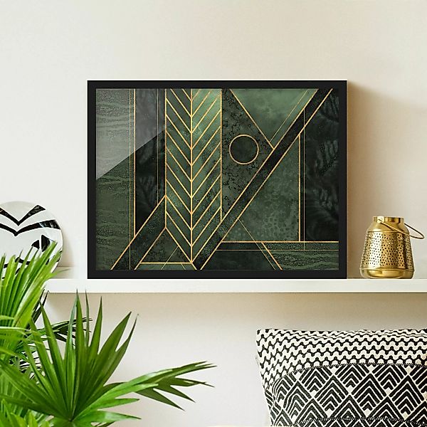 Bild mit Rahmen Abstrakt - Querformat Geometrische Formen Smaragd Gold günstig online kaufen