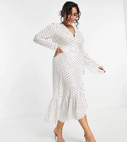 Never Fully Dressed Plus – Midi-Wickelkleid in Weiß mit Bindedetail und Pun günstig online kaufen