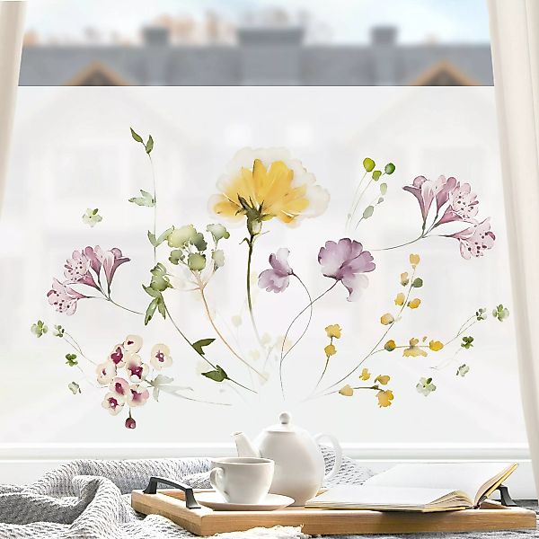 Fensterfolie Zarte Aquarellblüten Violett-gelb günstig online kaufen