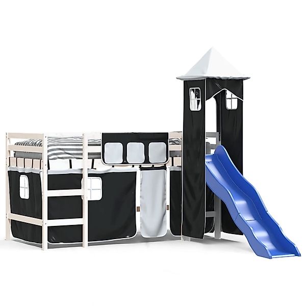 vidaXL Kinderbett Kinderhochbett mit Turm Weiß Schwarz 90x190 cm Kiefernhol günstig online kaufen