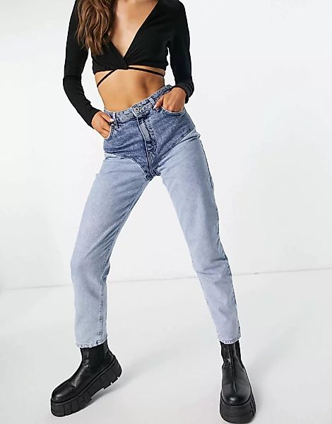 Bershka – Mom-Jeans im Stil der 90er mit zweifarbigem Design in Blau günstig online kaufen