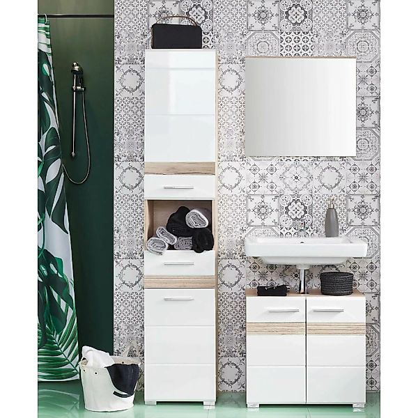 Lomadox Badezimmermöbel ODRA-19 in Weiß Hochglanz mit Eiche San Remo hell N günstig online kaufen