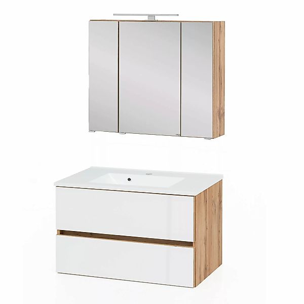 Held Möbel 2-tlg. Waschtisch- Set Pisa 80 Weiß-Wotaneiche günstig online kaufen