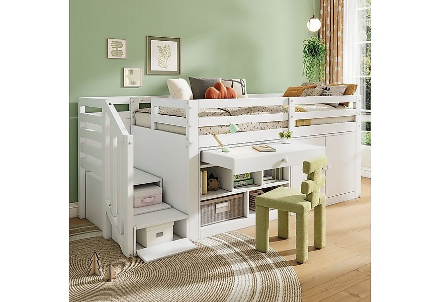 Merax Hochbett Holz Kinderbett mit Schrank, Schreibtisch, Treppe und Leiter günstig online kaufen