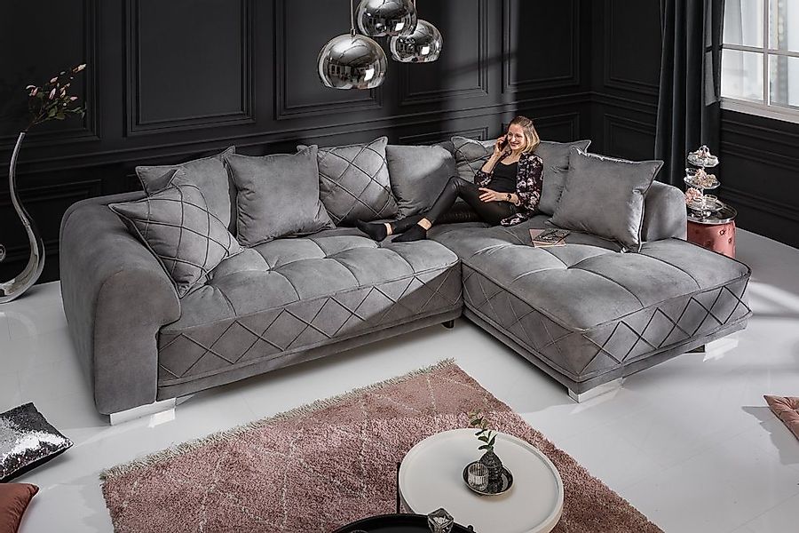 riess-ambiente Ecksofa DECADENCIA 320cm silbergrau – Samt, XXL, 8 Kissen, v günstig online kaufen