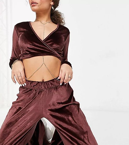 Fashionkilla – Exklusive Velours-Hose mit weitem Bein in Schokoladenbraun, günstig online kaufen