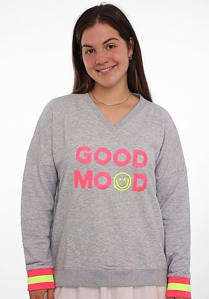 Zwillingsherz Sweatshirt Langarm, Neon-Details, V-Ausschnitt, Schriftzug günstig online kaufen