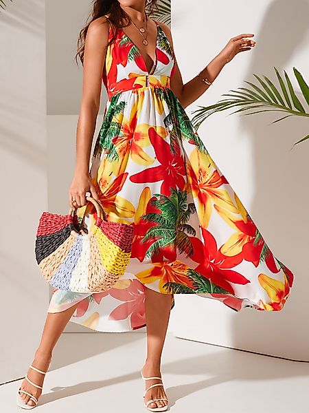 YOINS Backless Tropical Criss-Cross High Slit ärmellos Kleid günstig online kaufen