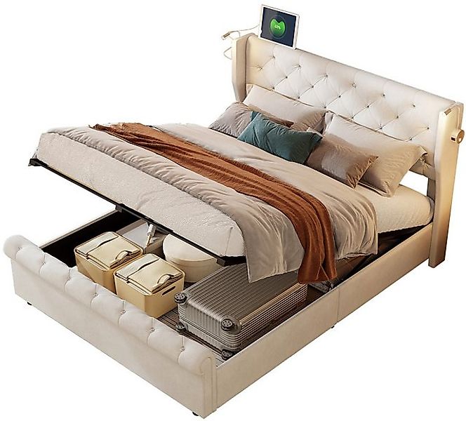 FUROKOY Polsterbett Doppelbett Stauraumbett Hydraulisch anhebbarer mit LED günstig online kaufen