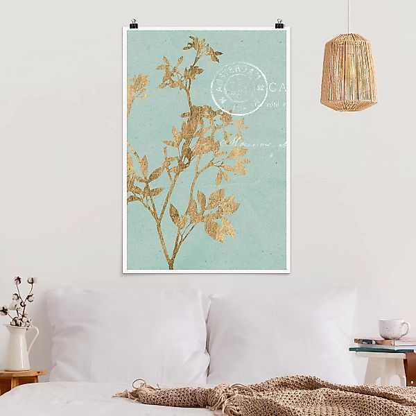 Poster Blumen - Hochformat Goldene Blätter auf Turquoise I günstig online kaufen