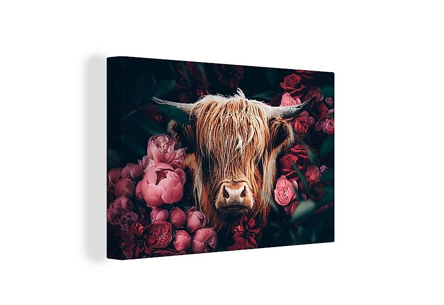 OneMillionCanvasses® Leinwandbild Kuh - Schottischer Highlander - Blumen - günstig online kaufen