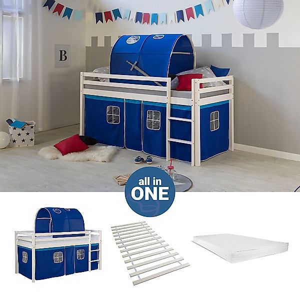 Homestyle4u Hochbett 90x200 mit Vorhang Lattenrost Matratze Tunnel in Weiß günstig online kaufen