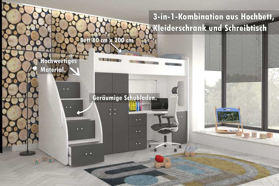 AJKmeble Hochbett Etagenbett 80x200cm mit Treppe, günstig online kaufen