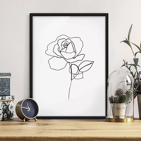 Bild mit Rahmen Schwarz-Weiß - Hochformat Line Art Rose Schwarz Weiß günstig online kaufen