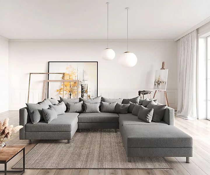 Wohnlandschaft Clovis Grau modular Flachgewebe Hocker günstig online kaufen