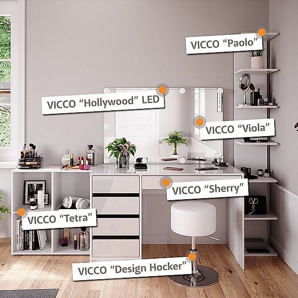 Vicco Schminktisch Sherry, Weiß, 120 cm 4 Teile, mit Standregal, Spiegel, H günstig online kaufen