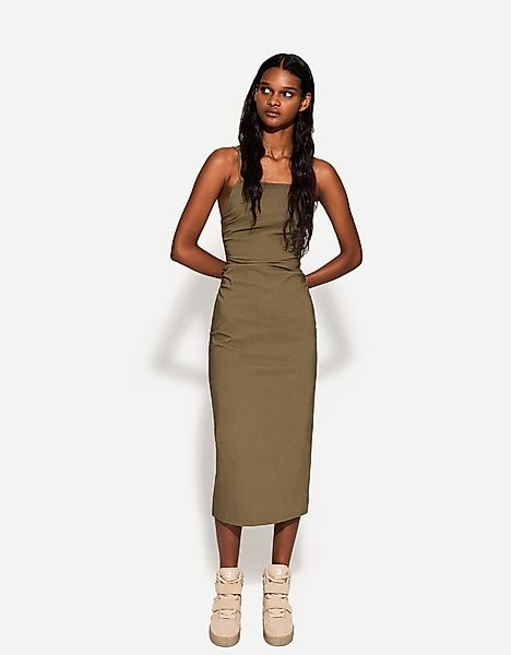 Bershka Jacquard-Midikleid Mit Raffung Damen Xs Khaki günstig online kaufen