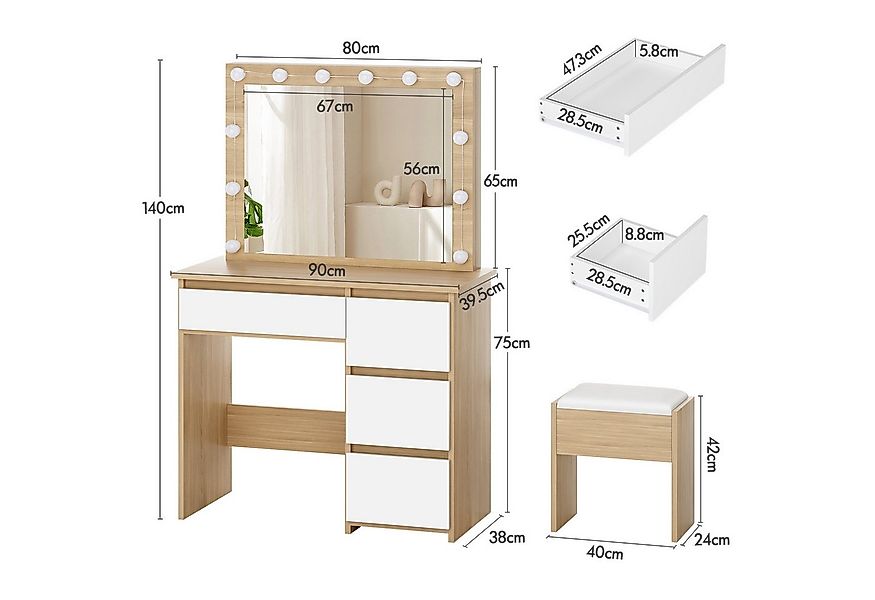 ALFORDSON Schminktisch mit Spiegel, 4 Schubladen & Aufbewahrungshocker, LED günstig online kaufen