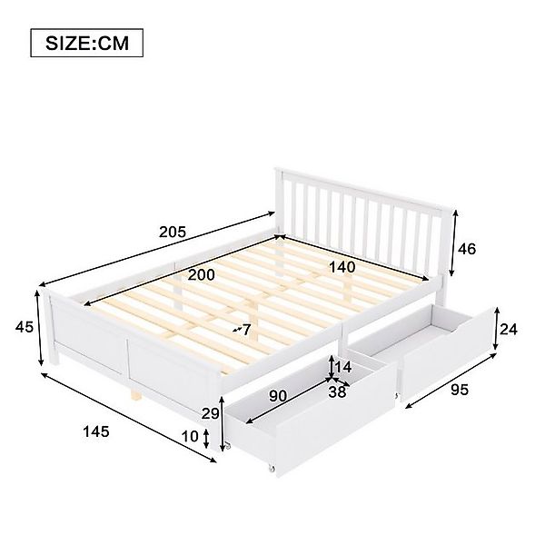Flieks Massivholzbett, Kiefer Doppelbett mit 2 Schubladen 140x200cm günstig online kaufen