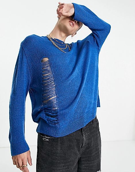 ASOS DESIGN – Oversize-Pullover mit Leiterstichnaht in Blau günstig online kaufen