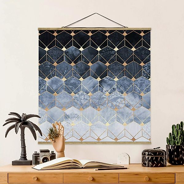 Stoffbild Abstrakt mit Posterleisten - Quadrat Blaue Geometrie goldenes Art günstig online kaufen